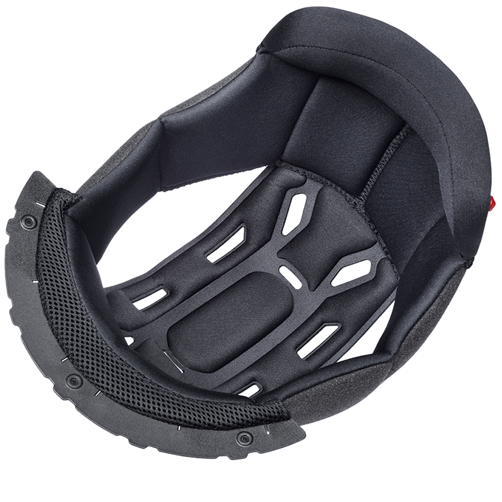 Black motorcycle helmet interior liner with a padded headrest, breathable vented shell, and mesh neck support, shown on a white background.