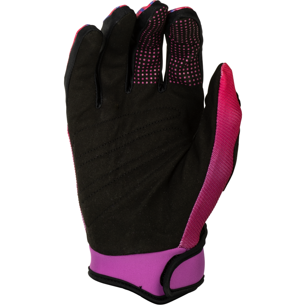 A single protective glove shown from the back, featuring a black suede-like backhand with pink dotted grip texture on the fingers, a bright pink wrist cuff, and pink mesh panels on the back and sides.