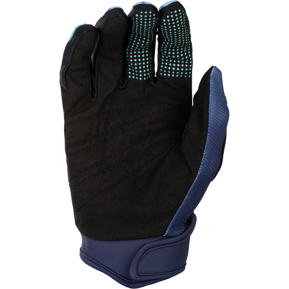 A single black work glove with blue accents, featuring textured grip dots on the fingers and a blue wrist strap, shown against a plain white background.