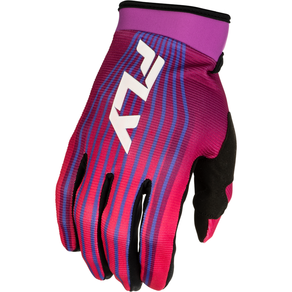 A single motocross or cycling glove by Fly, featuring a vibrant pink and purple gradient with blue stripes, a white 'FLY' logo on the back, and black textured grip panels on the palm and fingers.