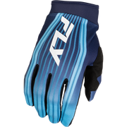 A single Fly brand motocross glove in blue and navy with a white logo, shown against a plain white background.