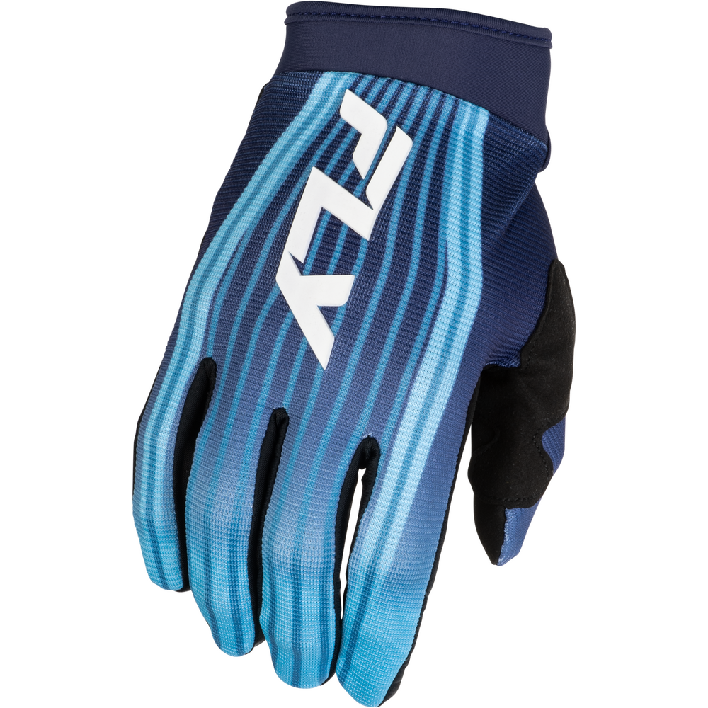 A single Fly brand motocross glove in blue and navy with a white logo, shown against a plain white background.