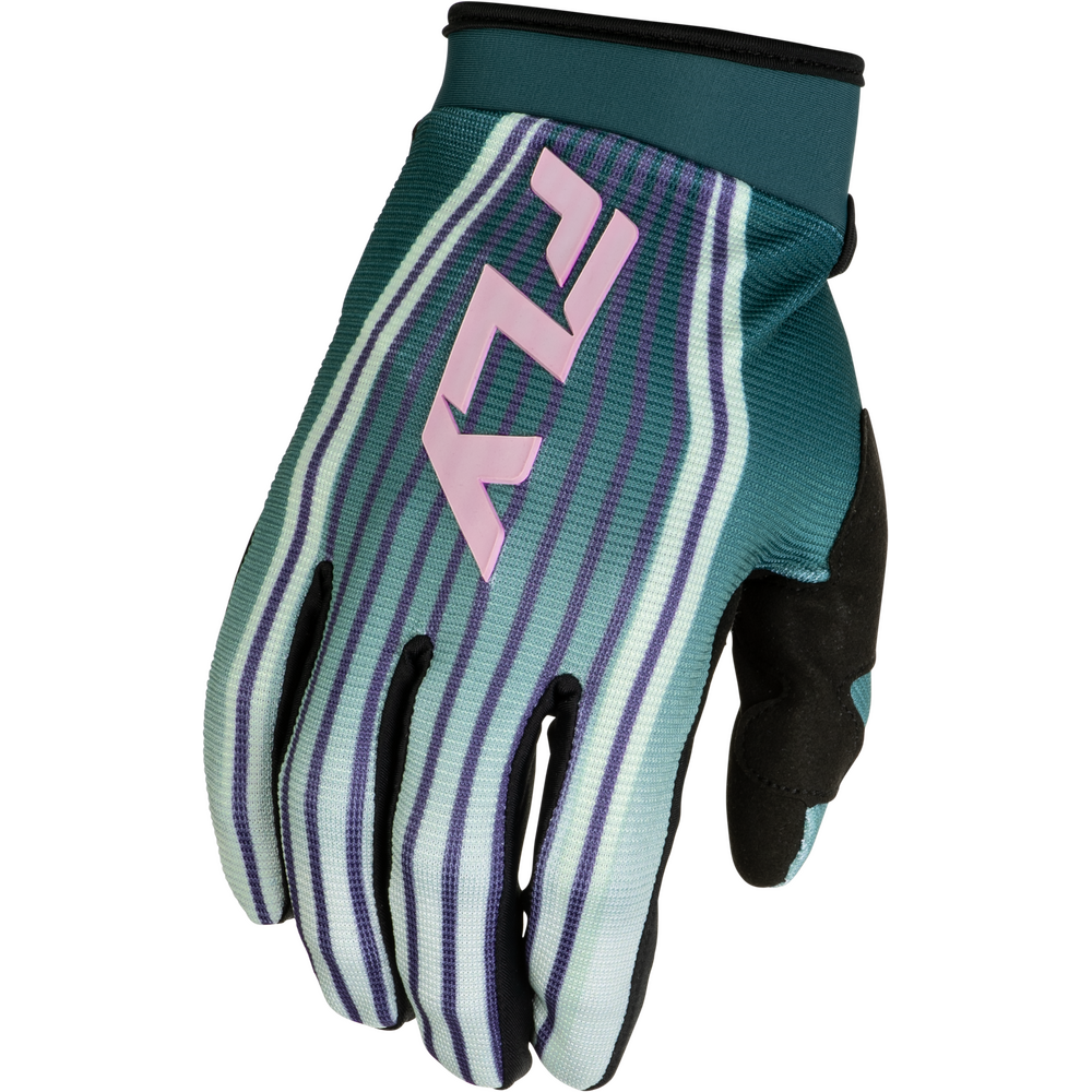 A single motocross or cycling glove shown on a plain white background. The glove features a teal and white striped pattern with purple accents, a large pink stylized 'FLY' logo on the back, and black grip material on the palm and finger sides.