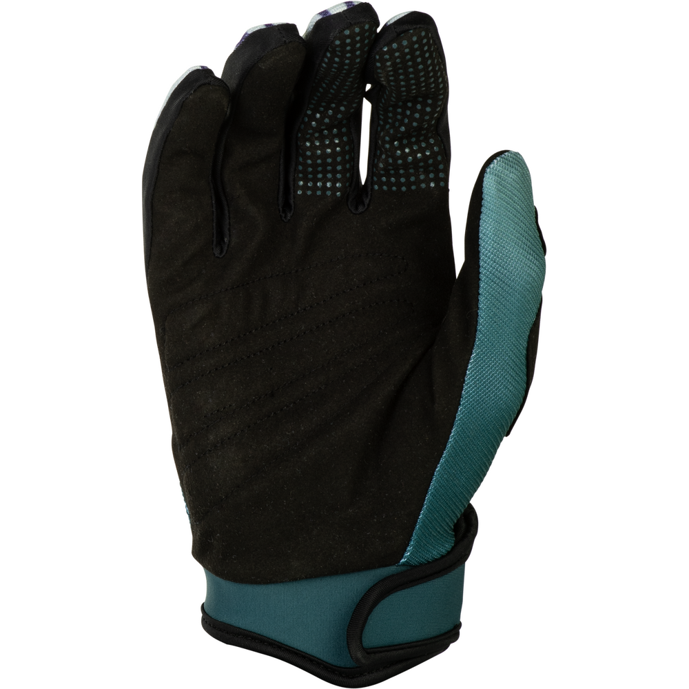 A single protective glove shown from the back, featuring a black suede-like back with textured grip dots on the fingers and a teal mesh palm and wrist strap.