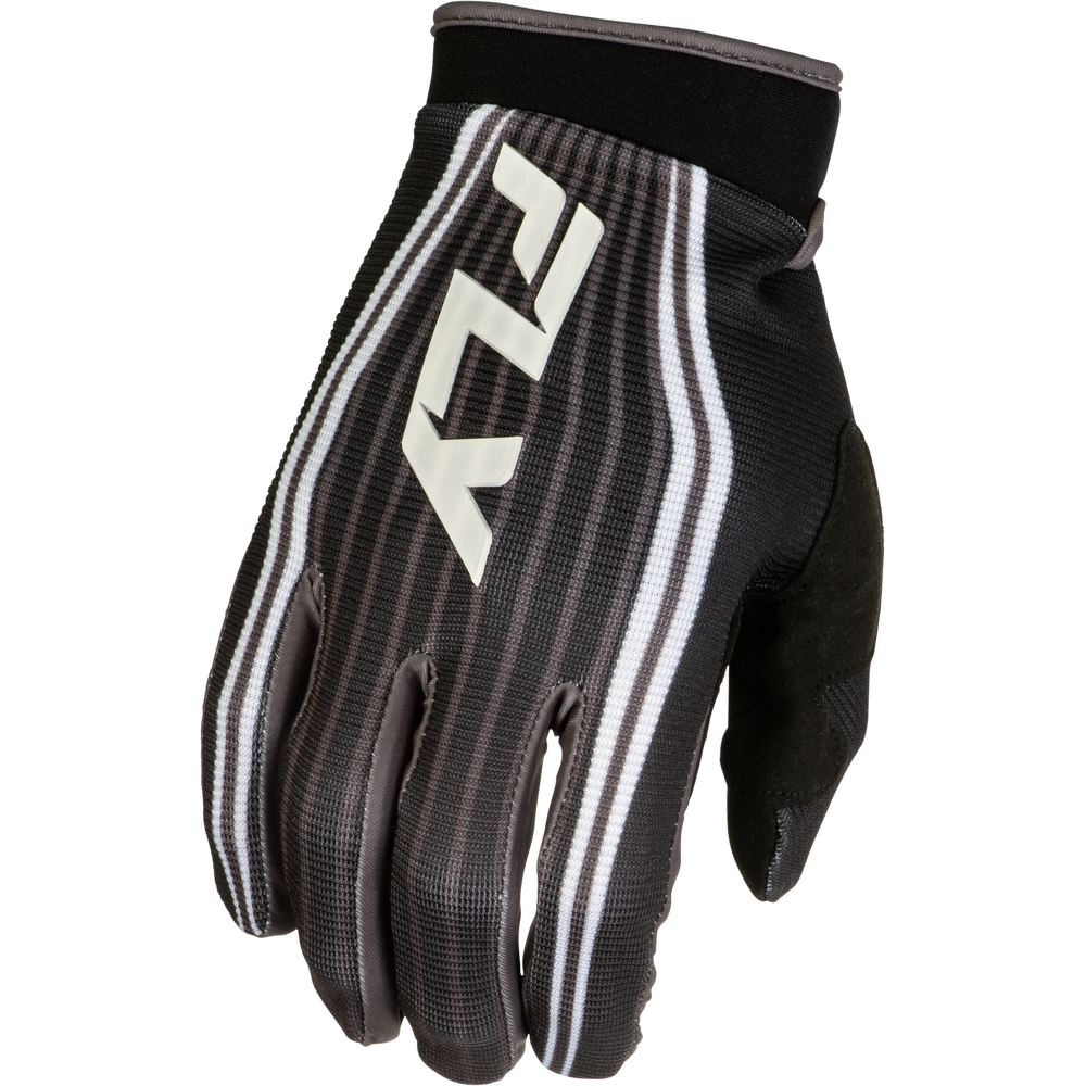 A single black and gray striped motocross glove with a large white 'FLY' logo on the back, shown against a plain white background.