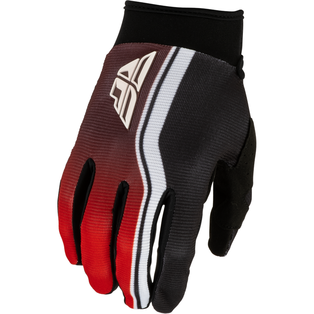 A single motocross or cycling glove shown against a plain white background. The glove features a black and red gradient on the back of the hand, a white and gray stripe down the center, and a stylized white logo on the back.