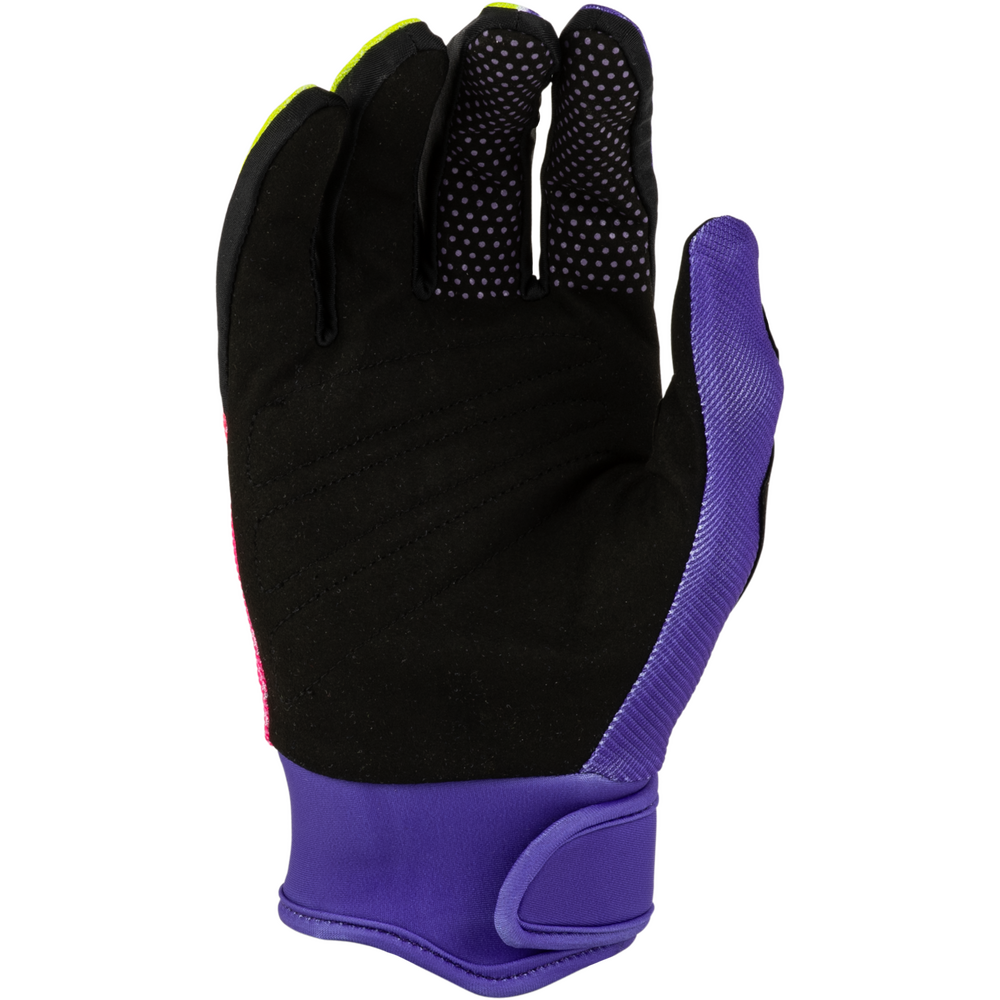 A single athletic glove shown from the back, featuring a black palm with textured grip dots, a purple wrist cuff and back of hand, and small neon yellow and pink accents.
