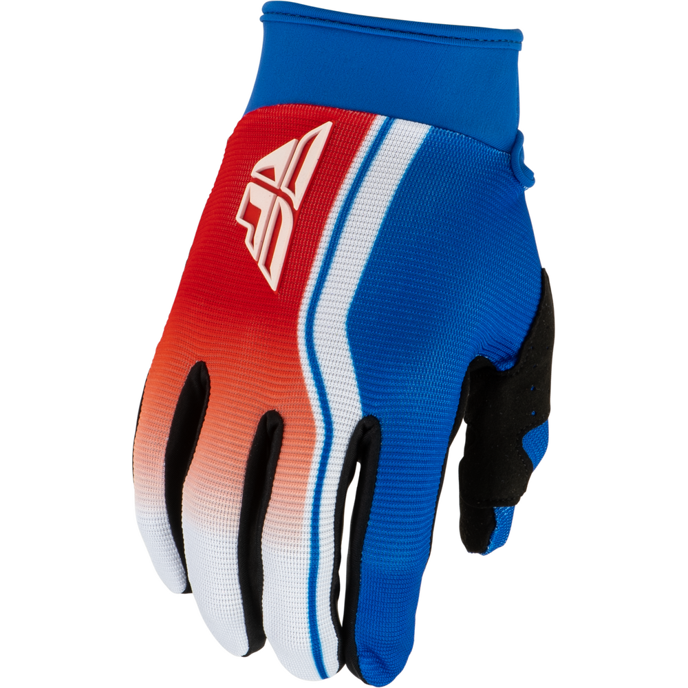 A single motocross or cycling glove shown against a plain white background. The glove features a vibrant blue wrist cuff, a red-to-white gradient backhand with a white stylized logo, white and blue side stripes, and black grip panels on the fingers and palm.