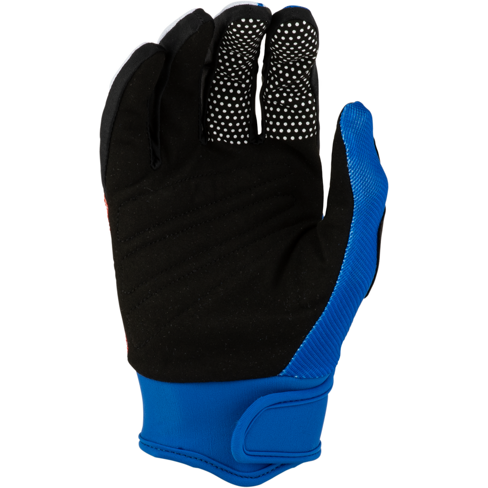 A single protective glove shown from the back, featuring a black palm with white dotted grip patterns on the fingers, a blue textured back, and a matching blue wrist strap, set against a plain white background.