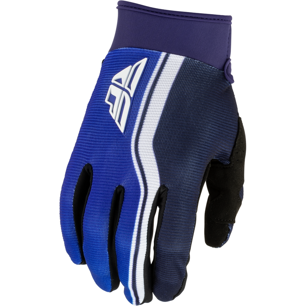 A single motocross or cycling glove shown against a plain white background. The glove features a royal blue textured front, a dark navy mesh back, black grip panels on the fingers and palm, a white and blue stylized logo on the back, and a solid dark purple wrist cuff.