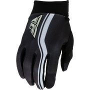 A black motocross or cycling glove with a textured knit design, featuring a white and gray chevron stripe on the back of the hand and a matching white and gray stylized logo patch on the back of the wrist.