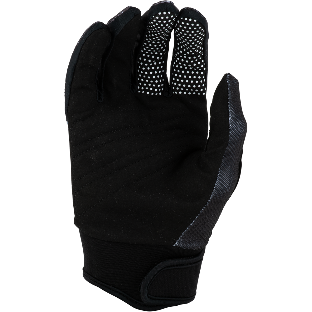 A single black athletic glove shown from the back, featuring textured grip panels on the fingers and a patterned grip strip on the back of the hand, set against a plain white background.
