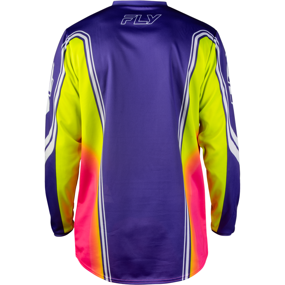 The back view of a long-sleeve motocross jersey in purple, featuring neon yellow panels on the sides and lower back with a pink-to-yellow gradient, and white piping details. The brand name 'FLY' is printed on the upper back.