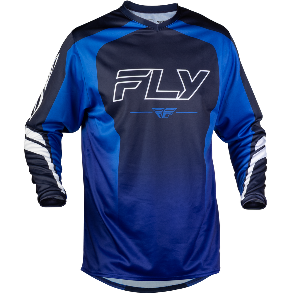 A long-sleeve motocross jersey in blue and black with white accents, featuring the brand name 'FLY' printed across the chest.