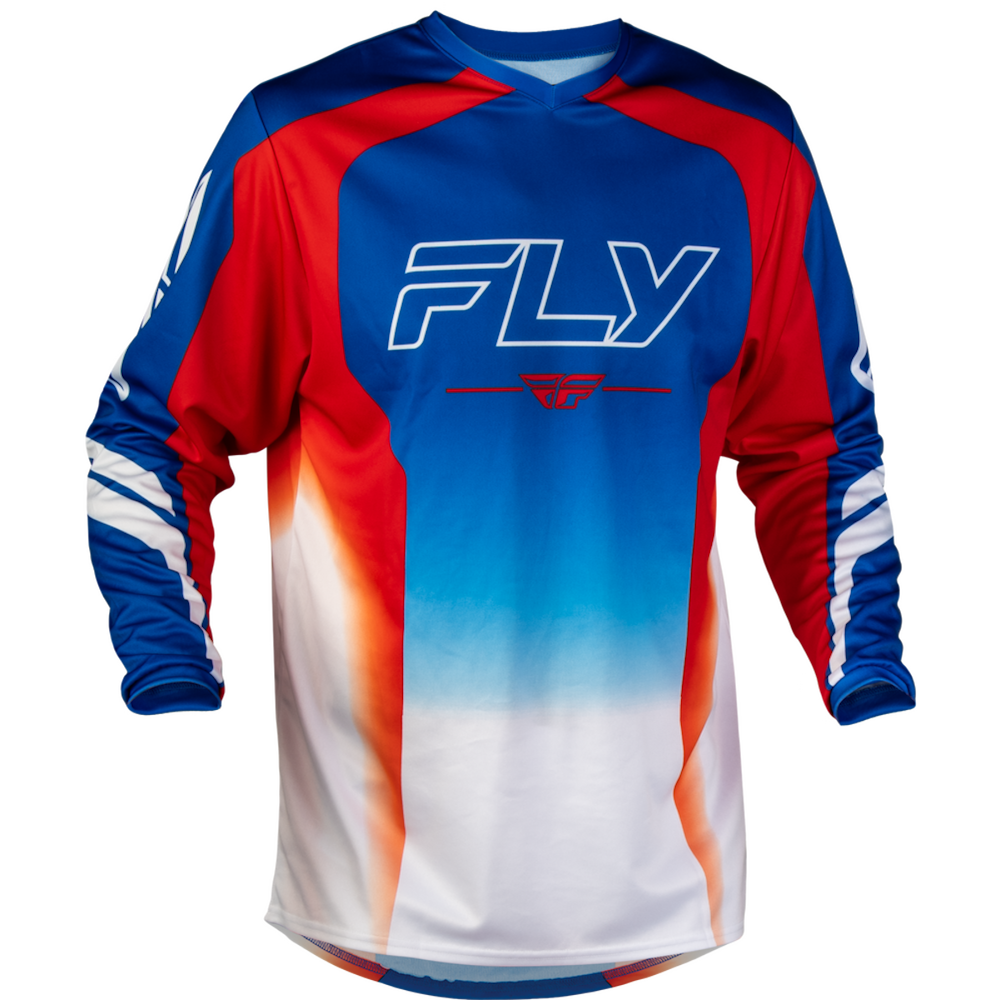 A long-sleeve motocross jersey with a vibrant blue, red, and white gradient design. The jersey features the brand name 'FLY' in white outlined lettering across the chest, with red and blue panels on the upper chest and sleeves, and a white-to-blue gradient fading down the lower front.