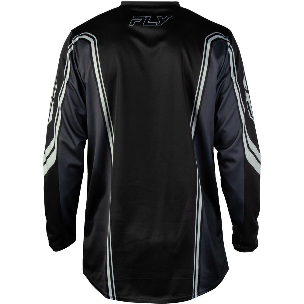 Black long-sleeve motocross jersey with silver reflective stripe accents down the sleeves and sides, featuring a silver 'FLY' logo on the back neck.