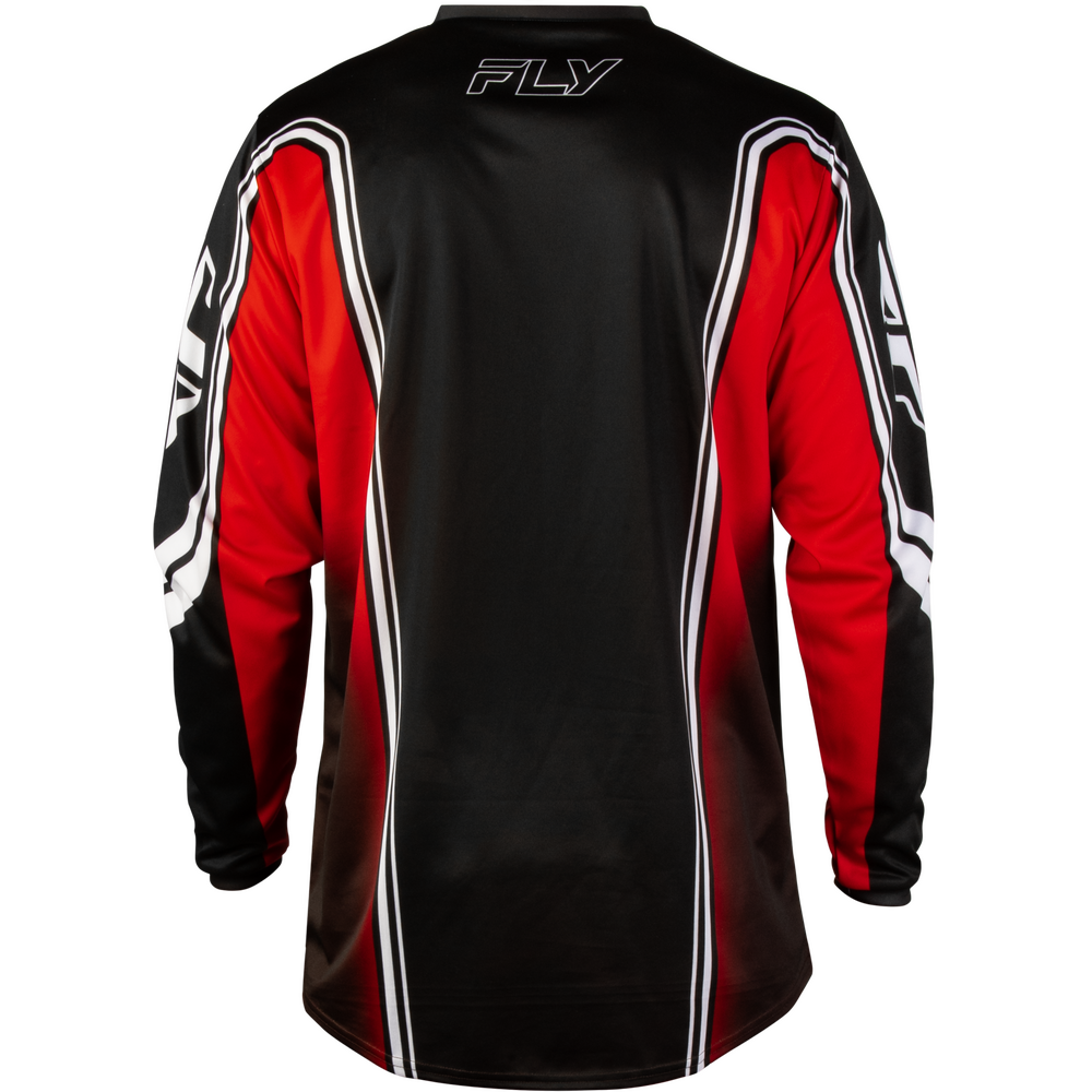 The back view of a long-sleeve motocross jersey in black, red, and white, featuring the FLY logo on the upper back and sleeves.