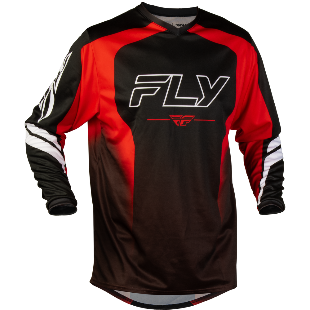 A long-sleeve motocross jersey in black and red with white accents, featuring the 'FLY' brand logo on the chest.