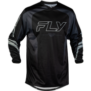 A black long-sleeve motocross jersey with a large white outlined 'FLY' logo on the chest, shown against a plain white background.