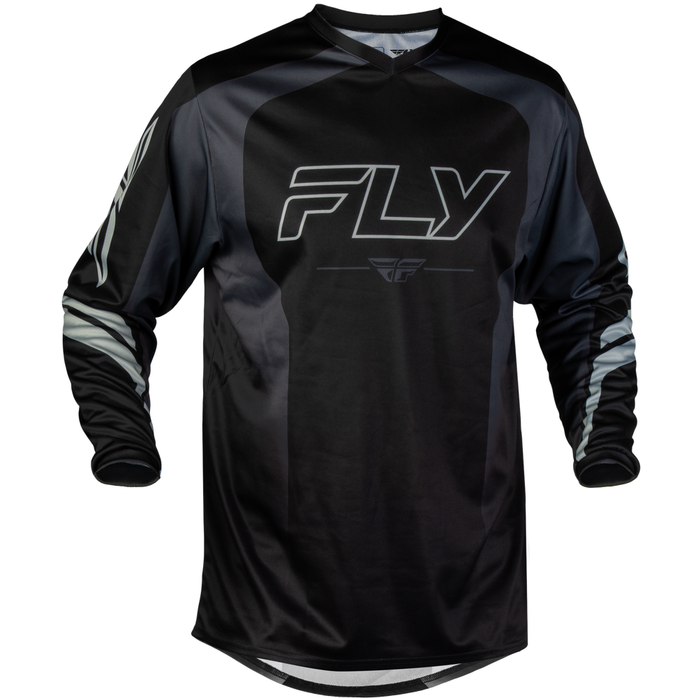 A black long-sleeve motocross jersey with a large white outlined 'FLY' logo on the chest, shown against a plain white background.