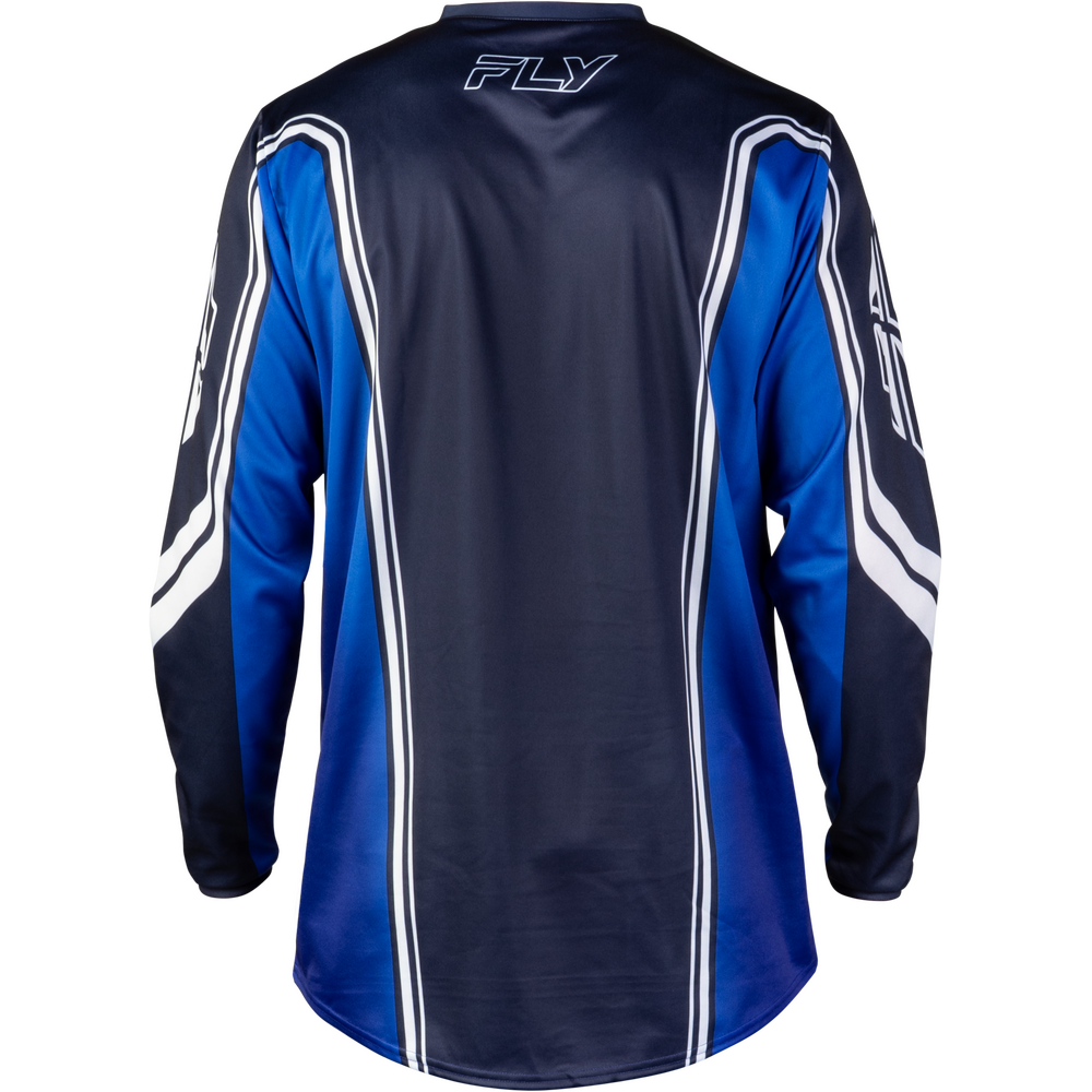 The back view of a long-sleeve motocross jersey in navy blue and royal blue with white stripes and a white 'FLY' logo on the upper back, shown on a plain white background.