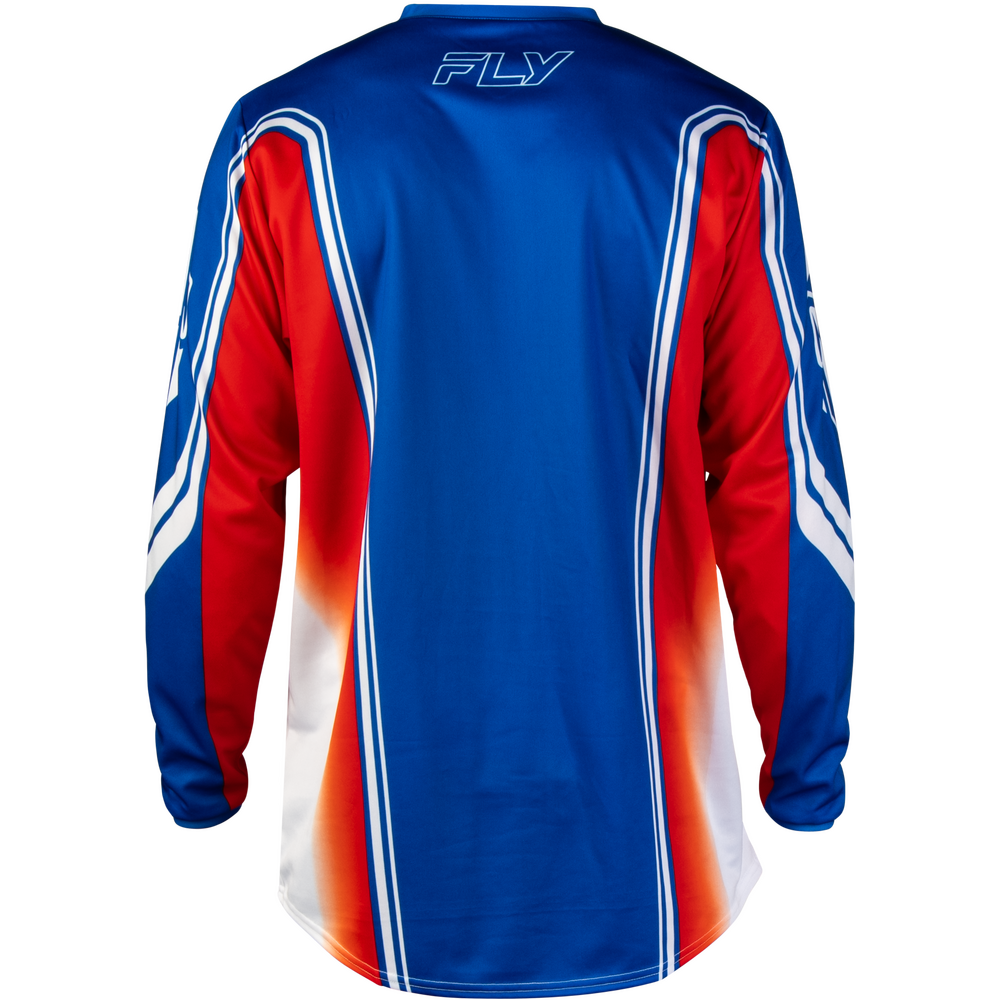 The back view of a long-sleeve motocross jersey in royal blue with red and white graphic panels and the FLY logo on the upper back.