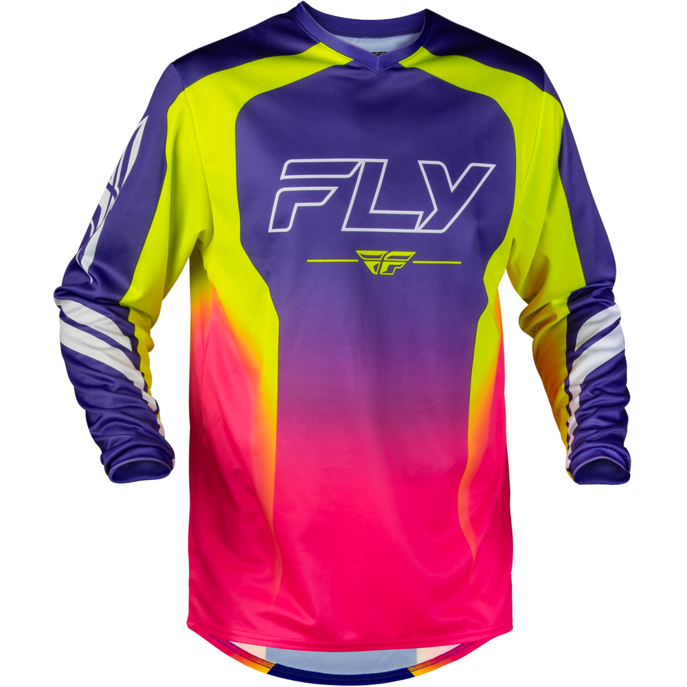 A long-sleeve athletic jersey with a vibrant gradient design transitioning from purple at the top, to yellow at the sides, and bright pink at the bottom. The chest features the brand name 'FLY' in white outlined lettering with a yellow logo underneath.