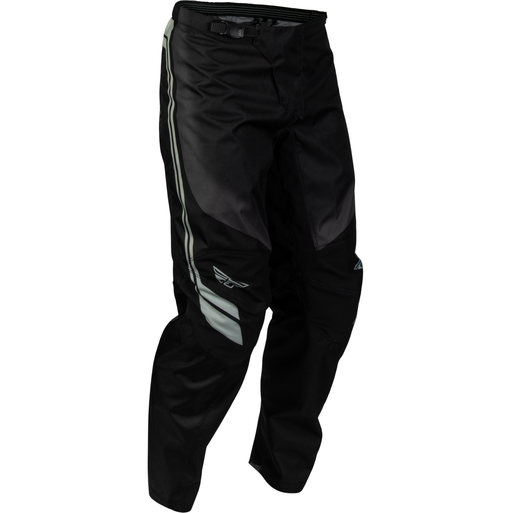 Black motorcycle pants with reflective silver stripes down the sides and a small logo near the lower leg, shown against a plain white background.