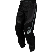 Black motorcycle pants with gray reflective stripes and a white stylized wing logo on the lower left leg, shown against a plain white background.