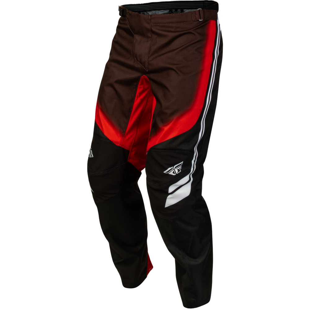 A pair of motocross or riding pants in black and dark brown with bold red side panels and white stripe accents, shown on a plain white background.