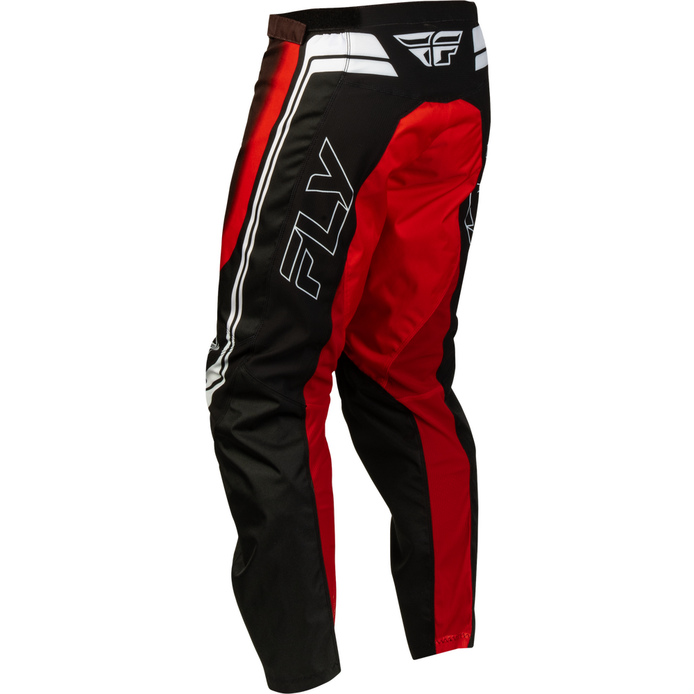 Black and red motocross pants with white stripe details and a white Fly Racing logo on the upper right thigh, shown against a plain white background.