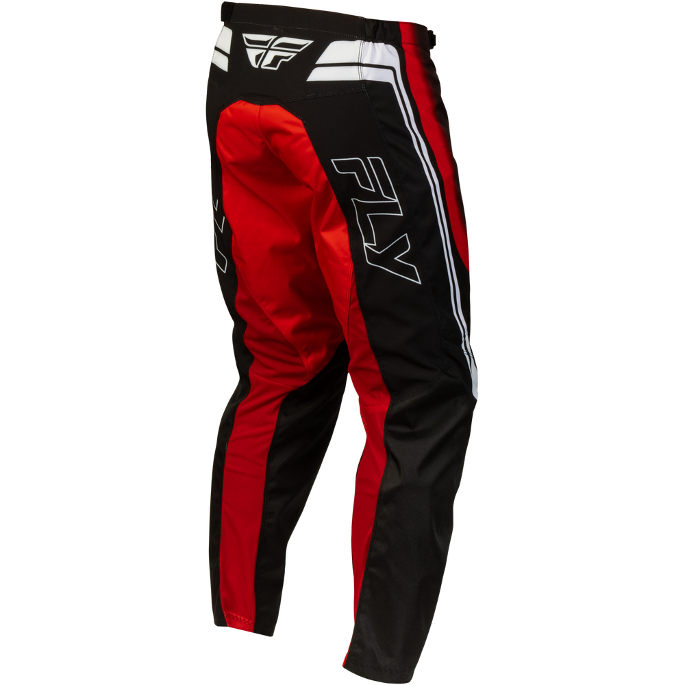 Black and red motocross pants with white stripe details and a large white FLY logo on the side, shown on a plain white background.