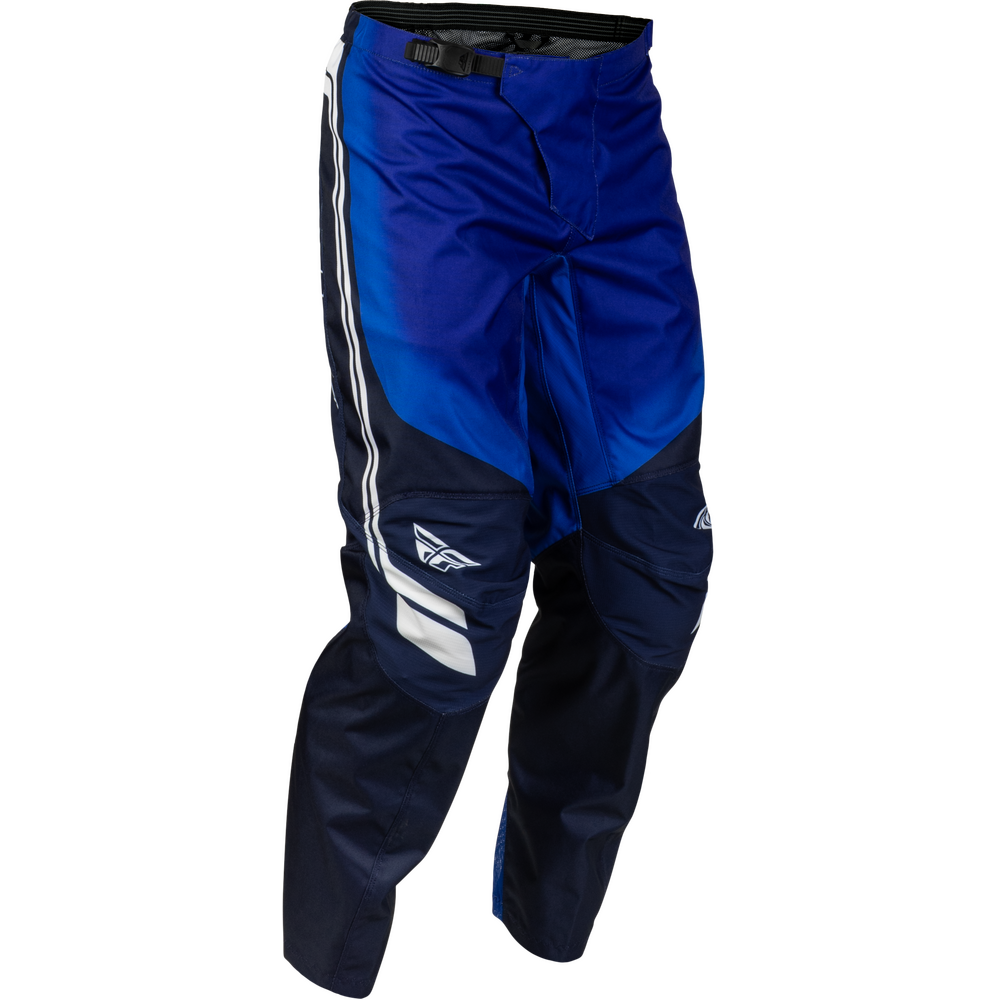 Blue and navy motocross pants with white side stripes and a white wing logo on the left thigh, shown against a plain white background.