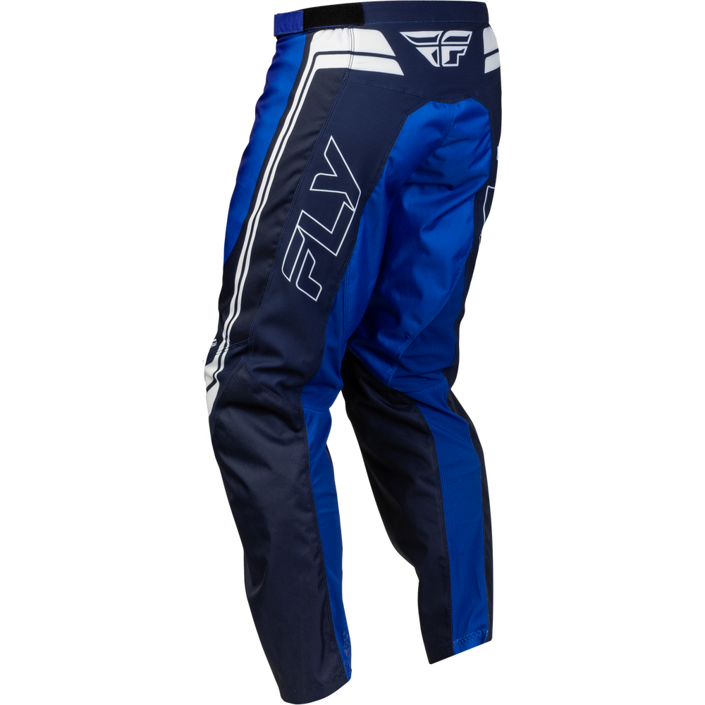 Blue and navy motocross pants with white stripe details and the Fly Racing logo, shown on a white background.