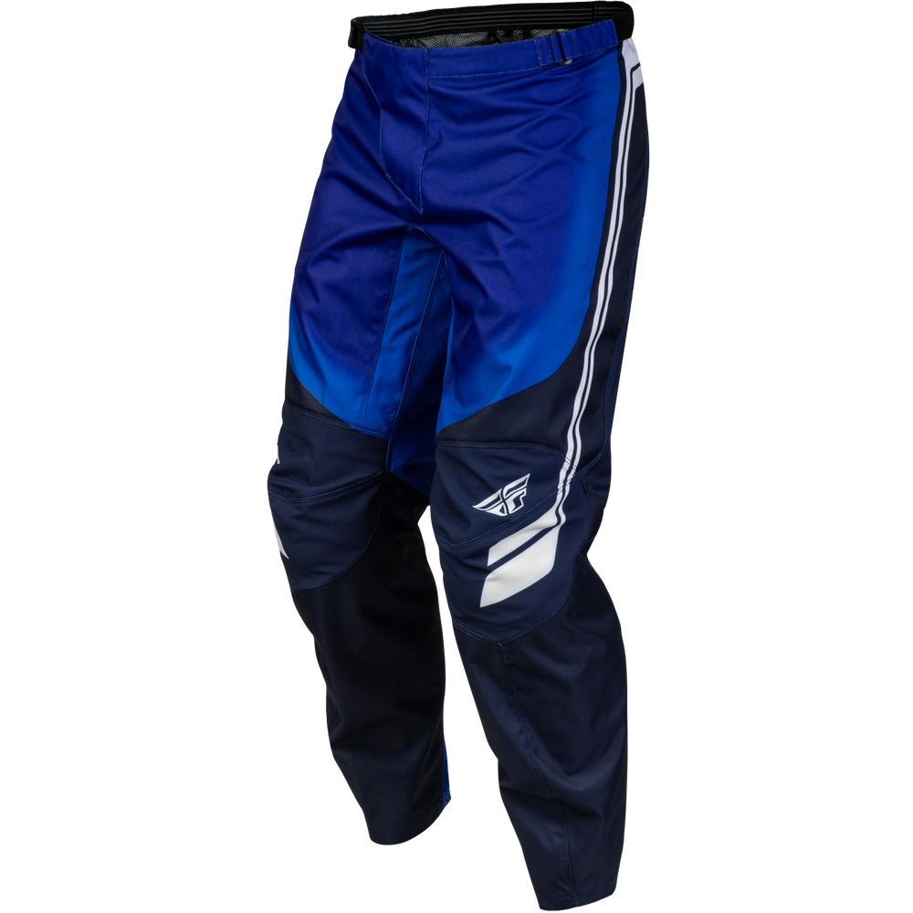 Blue and navy motocross pants with white side stripes and a white logo on the lower left leg, shown against a plain white background.