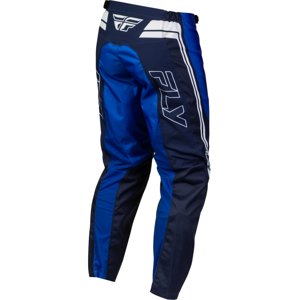 Blue and navy motocross pants with white stripe details and a white Fly Racing logo on the upper thigh, shown against a plain white background.