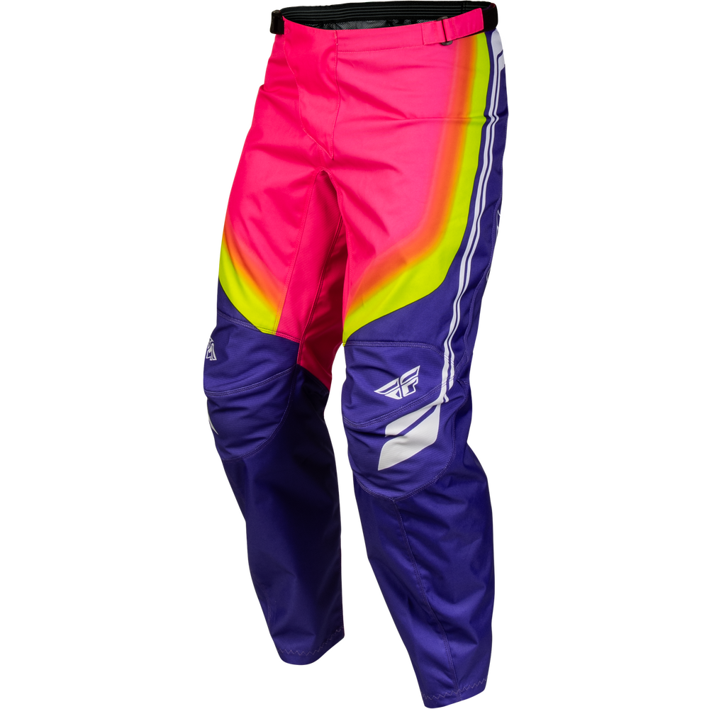 A pair of motocross pants in a vibrant color-blocked design featuring a bright pink upper thigh, a yellow-to-green gradient transition, and a deep purple lower leg, with white side stripes and logos.