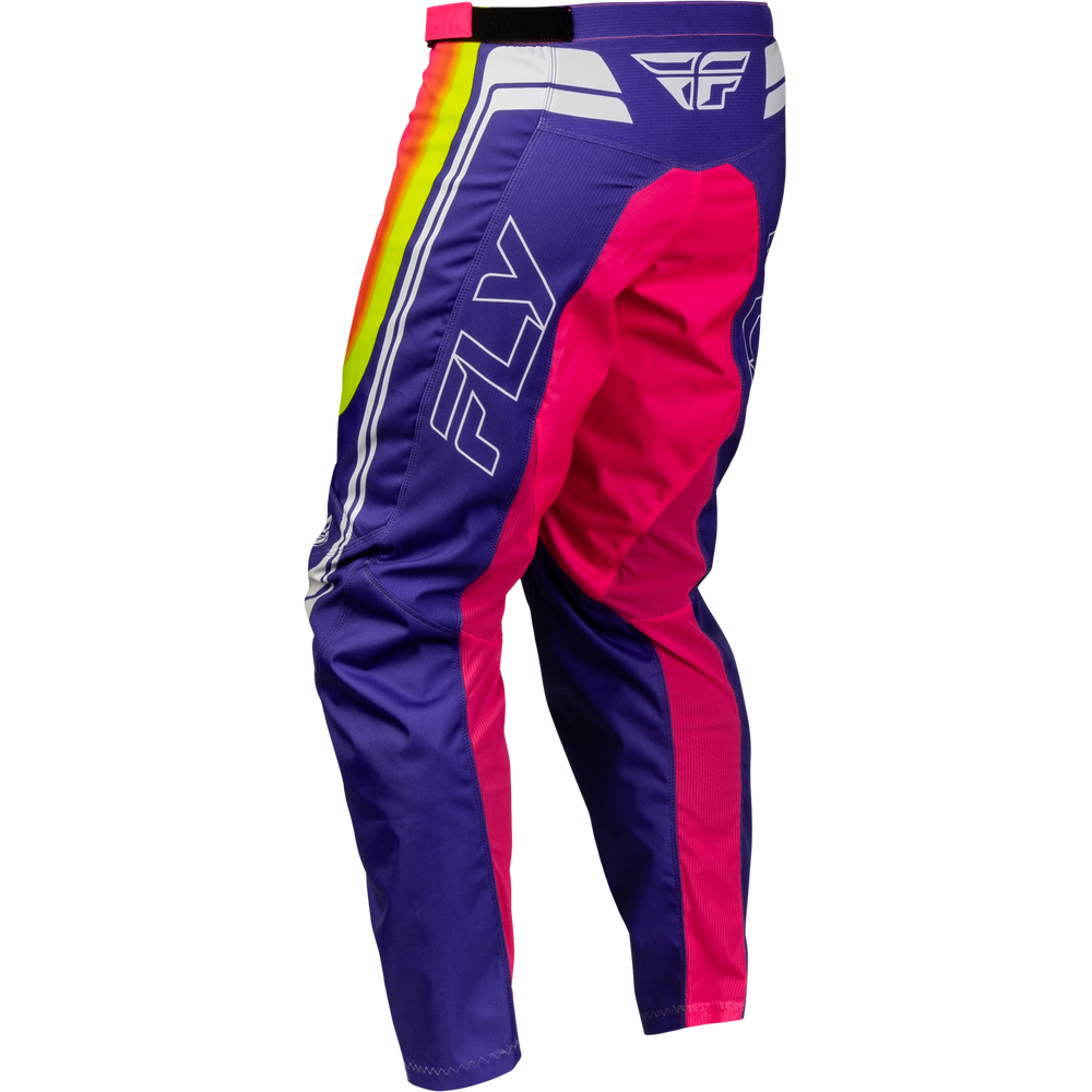 Purple and pink motocross pants with white and rainbow accents, featuring the FLY logo, shown on a white background.