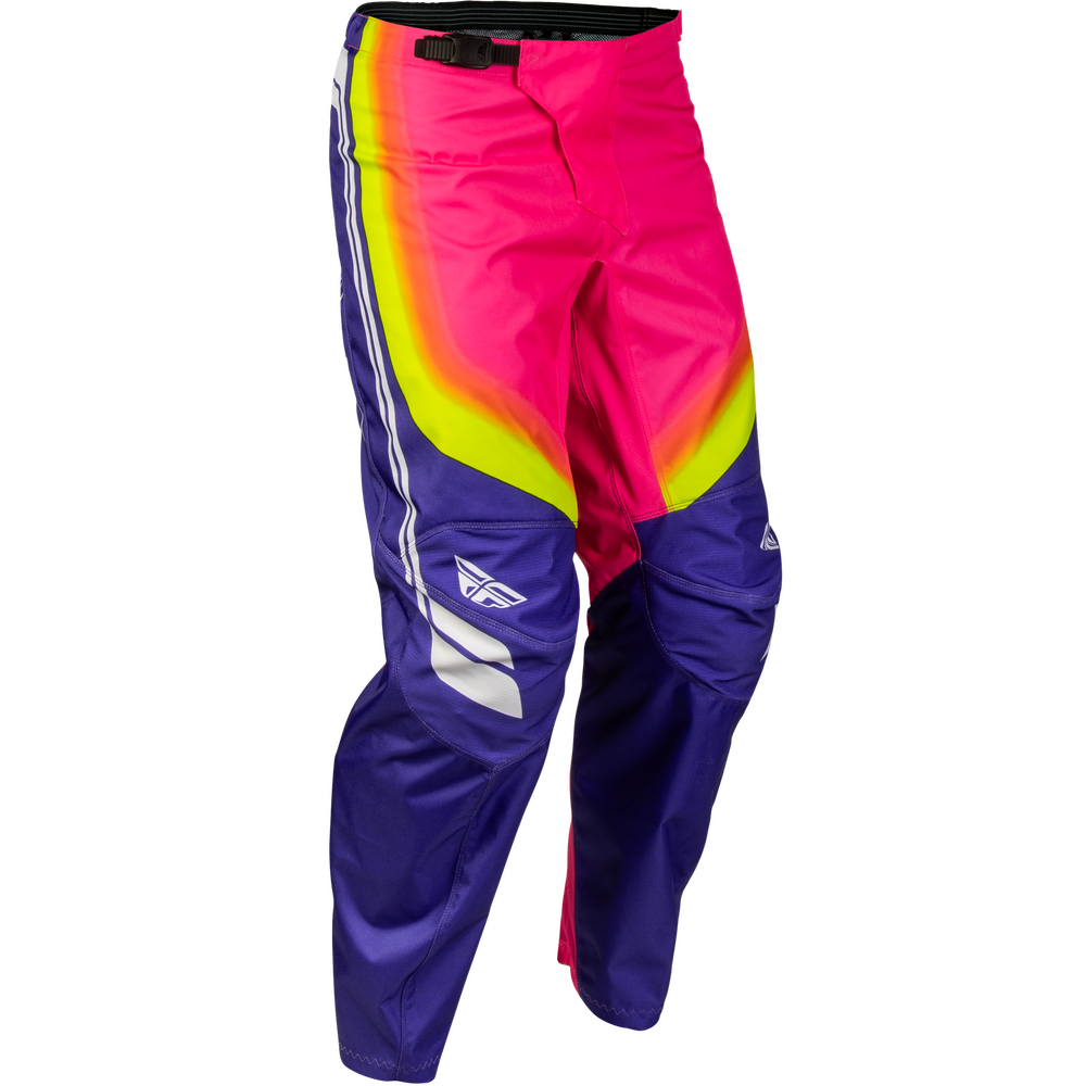 A pair of motocross pants in a vibrant color-blocked design featuring a bright pink upper section, a yellow-to-green gradient panel, and deep purple lower legs with white side stripes and a white logo.