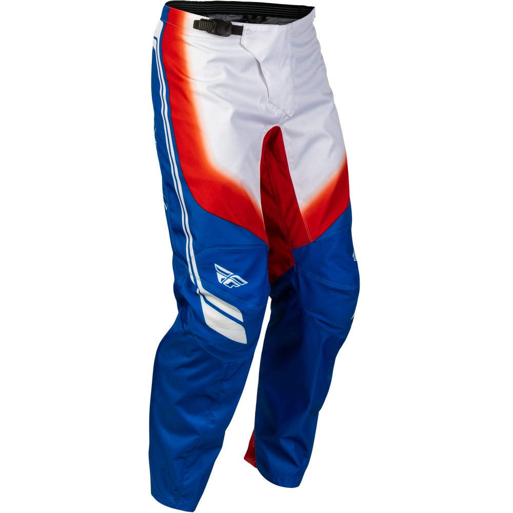 Blue, red, and white motocross pants with a wing logo on the lower left leg, shown against a plain white background.