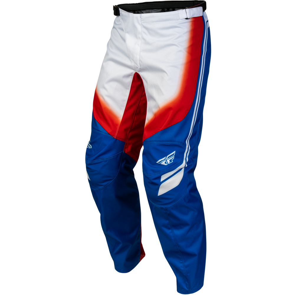 Blue, white, and red motocross pants with a white wing logo on the left thigh, shown against a plain white background.