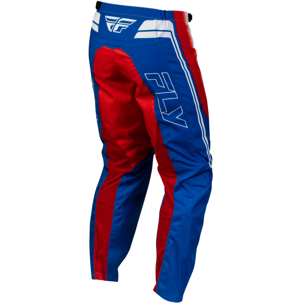 Blue and red motocross pants with white stripe details and a large white 'FLY' logo on the side, shown against a plain white background.