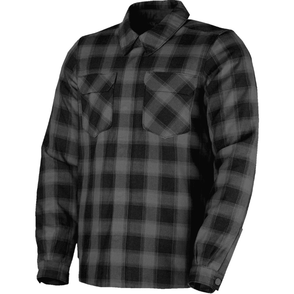 A long-sleeve button-up flannel shirt in a dark gray and black plaid pattern, featuring two chest pockets and a classic collar.