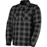 A long-sleeve button-up flannel shirt in a dark gray and black plaid pattern, featuring two chest pockets and a classic collar.