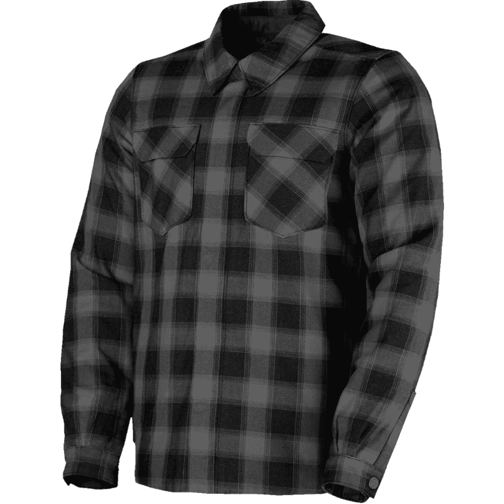A long-sleeve button-up flannel shirt in a dark gray and black plaid pattern, featuring two chest pockets and a classic collar.
