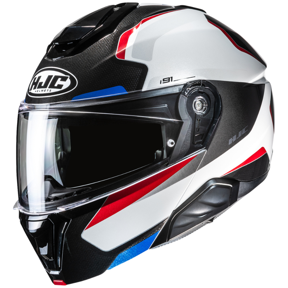 HJC motorcycle helmet with black, white, red, and blue design on a white background