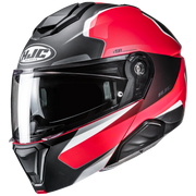Red, black, and gray motorcycle helmet with HJC logo on a white background