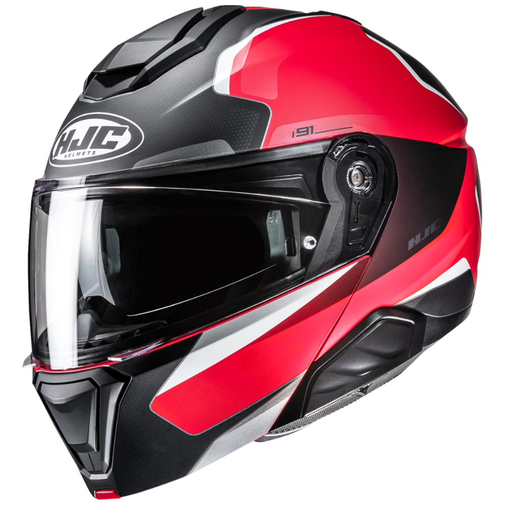 Red, black, and gray motorcycle helmet with HJC logo on a white background