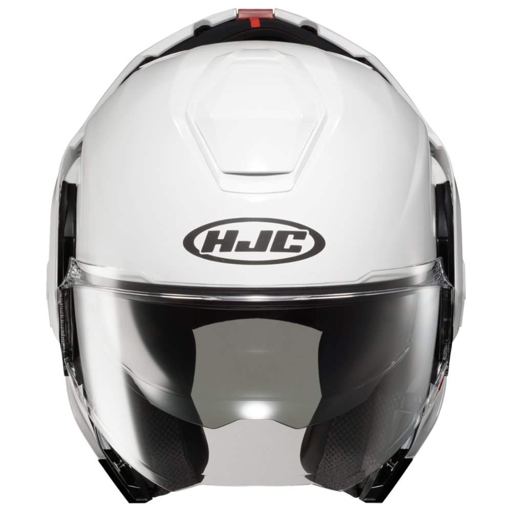A white HJC full-face motorcycle helmet with a clear visor, shown from the front against a plain white background.