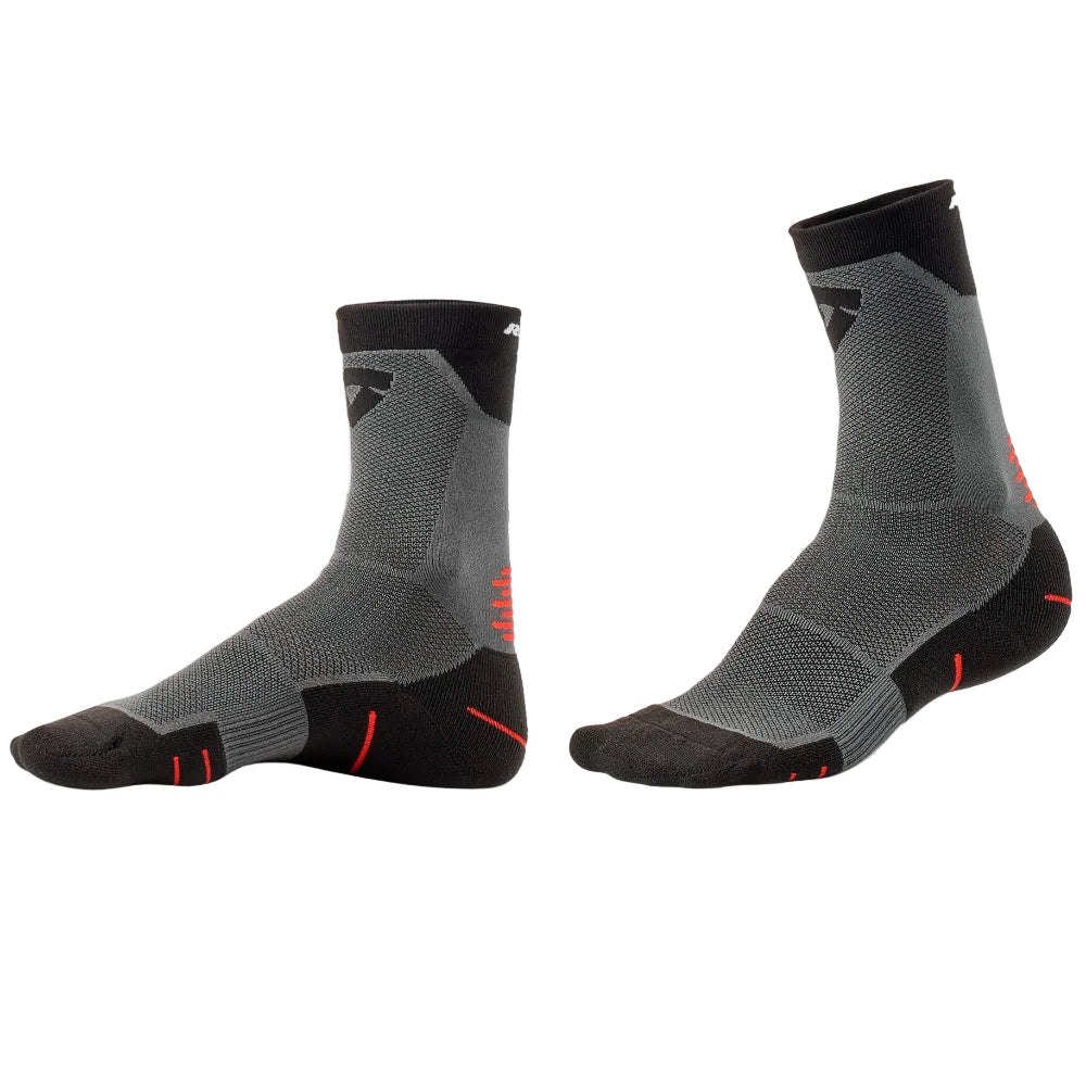 A pair of athletic crew socks in gray and black with small red accents, displayed on a clean white background.